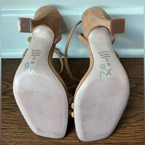 Schutz Light Brown Leather Square Toe Strapy Heels - Size 8M